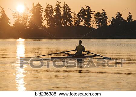 Caucasian man rowing at sunset View Large Photo Image Stock Photo - Caucasian man rowing at sunset. Fotosearch
