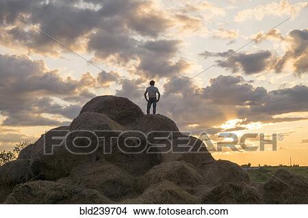 Picture - Caucasian man standing on rock pile at sunset. Fotosearch