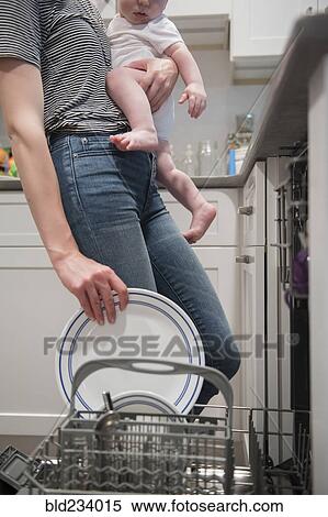 Stock Photography - Caucasian mother holding baby son holding plate in dishwasher. Fotosearch