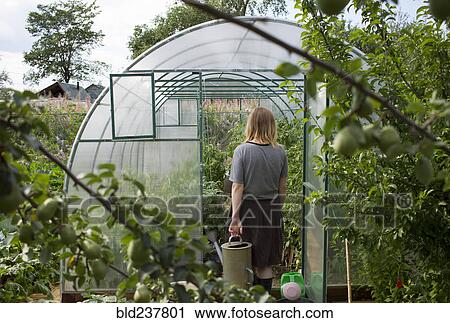 Stock Image - Caucasian woman carrying watering can to greenhouse. Fotosearch
