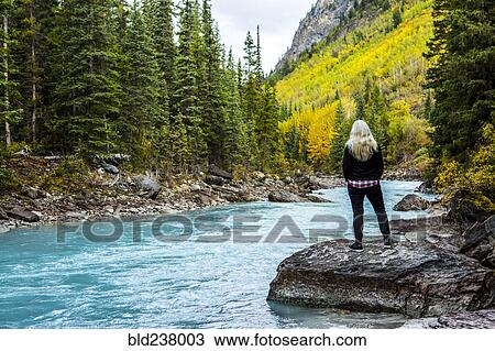 Caucasian woman standing on rock near mountain river View Large Photo Image Stock Image - Caucasian woman standing on rock near mountain river. Fotosearch