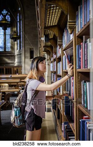 Chinese woman standing in library choosing book View Large Photo Image Stock Photo - Chinese woman standing in library choosing book. Fotosearch