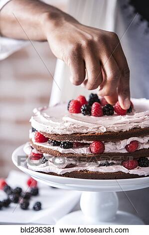 Stock Image - Chocolate cake with berries and cream filling. Fotosearch