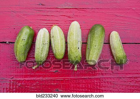 Stock Image - Close up of row of green cucumbers on red wooden table. Fotosearch