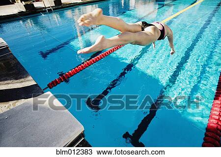 Stock Image - Competitive swimmer diving into swimming pool. Fotosearch