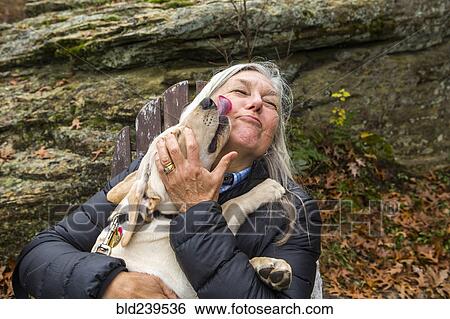 Dog licking face of Caucasian woman outdoors View Large Photo Image Stock Photograph - Dog licking face of Caucasian woman outdoors. Fotosearch