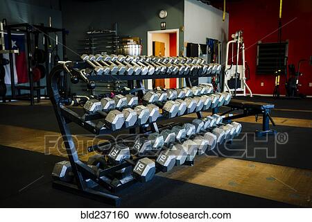 Dumbbells on rack in gymnasium View Large Photo Image Stock Image - Dumbbells on rack in gymnasium. Fotosearch