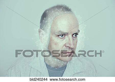 Picture - Face of Caucasian man in cyberspace. Fotosearch