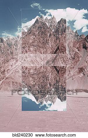 Stock Image - "Glitch effect in mountains near river, Hunza, Northern Areas, Pakistan". Fotosearch