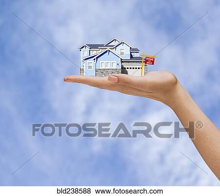 Stock Photo - Hand of woman holding home for sale in sky. Fotosearch