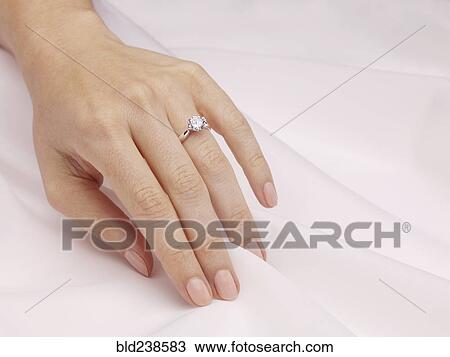 Stock Image - Hand of woman wearing engagement ring. Fotosearch