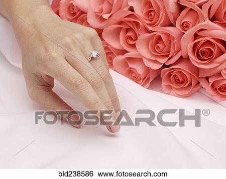 Stock Photograph - Hand of woman wearing engagement ring near roses. Fotosearch