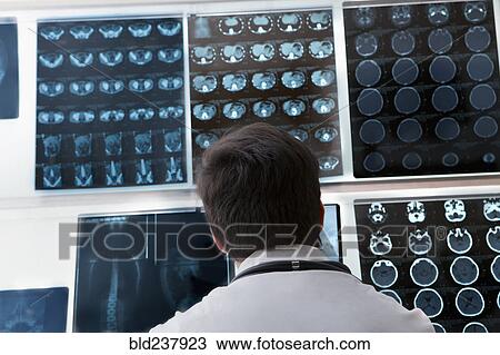 Stock Image - Hispanic doctor examining x-rays. Fotosearch