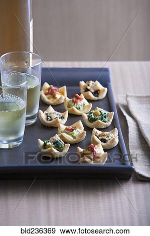 Hors d'oeuvres and glasses on tray View Large Photo Image Stock Photo - Hors d'oeuvres and glasses on tray. Fotosearch
