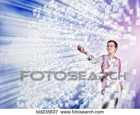 Mixed Race boy reaching for hovering pixels View Large Photo Image Stock Photo - Mixed Race boy reaching for hovering pixels. Fotosearch