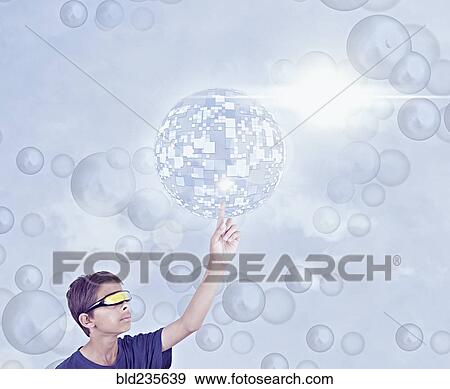 Mixed Race boy using vr goggles touching hovering pixel sphere View Large Photo Image Stock Photo - Mixed Race boy using vr goggles touching hovering pixel sphere. Fotosearch