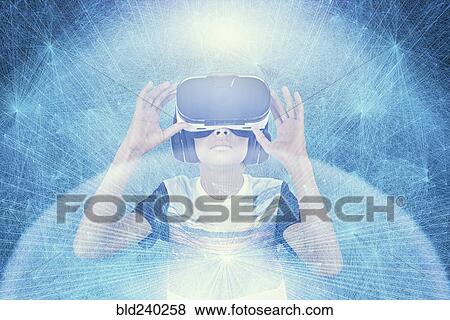Stock Photo - Mixed Race boy wearing VR goggles in cyberspace. Fotosearch