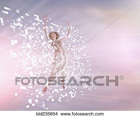 Picture - Mixed Race girl floating in pixels. Fotosearch