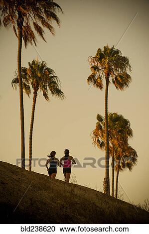 Stock Image - Mixed Race mother and daughter running under palm trees. Fotosearch