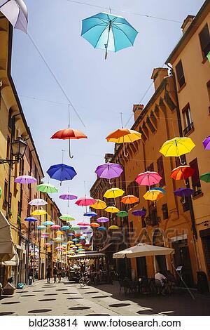 "Multicolor umbrellas hanging over street, Bologna, Emilia-Romagna, Italy" View Large Photo Image Picture - "Multicolor umbrellas hanging over street, Bologna, Emilia-Romagna, Italy". Fotosearch