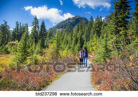 Stock Photo - Older Japanese mother and daughter walking on nature path. Fotosearch