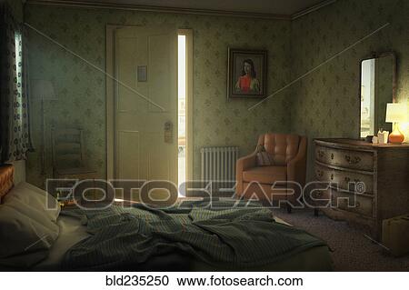 Stock Image - Open door in empty hotel room. Fotosearch