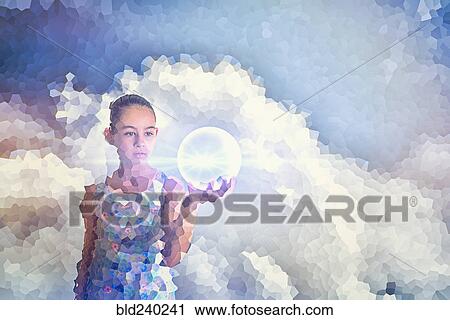 Stock Image - Pixelated Mixed Race girl holding glowing sphere. Fotosearch