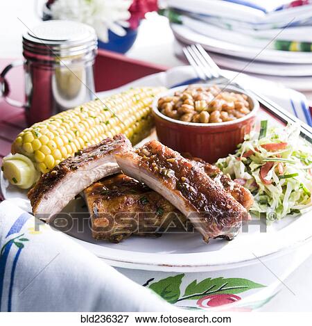 Pork rib dinner with corn and beans View Large Photo Image Stock Photo - Pork rib dinner with corn and beans. Fotosearch