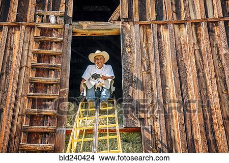 Portrait of smiling Caucasian farmer sitting on ladder in barn View Large Photo Image Picture - Portrait of smiling Caucasian farmer sitting on ladder in barn. Fotosearch