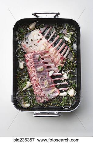 Stock Photo - Raw racks of lamb in pan. Fotosearch