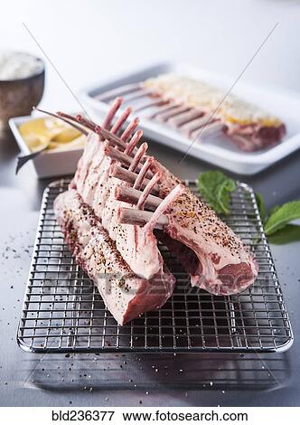 Stock Photo - "Raw racks of lamb rib, ". Fotosearch