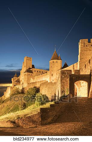 "Road to castle at night in Carcassonne, Languedoc-Roussillon, France" View Large Photo Image Stock Photo - "Road to castle at night in Carcassonne, Languedoc-Roussillon, France". Fotosearch