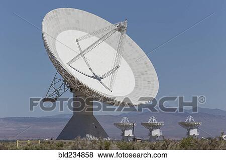 Stock Photo - Satellite dishes in field near mountain range. Fotosearch
