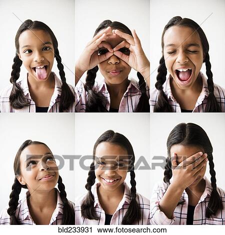 Stock Image - Series of Mixed Race girl making faces. Fotosearch