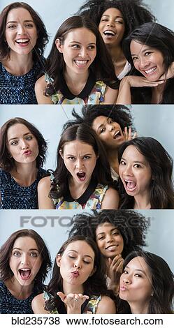 Stock Photo - Series of women making faces in photo booth. Fotosearch