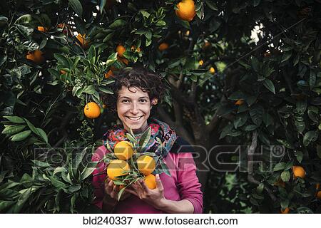 Stock Photo - Smiling Caucasian woman holding oranges under tree. Fotosearch