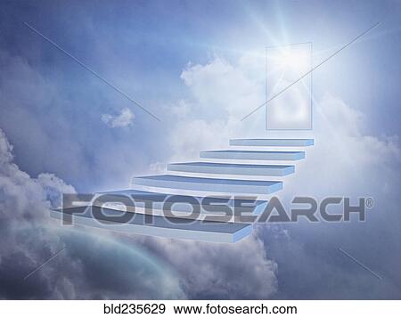 Staircase in clouds with glowing doorway View Large Photo Image Stock Photo - Staircase in clouds with glowing doorway. Fotosearch
