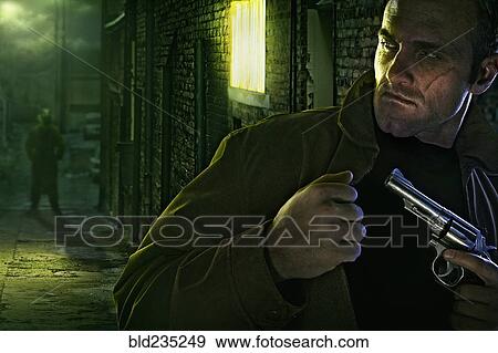 Stock Photo - Suspicious man with scar on face holding gun in alley. Fotosearch