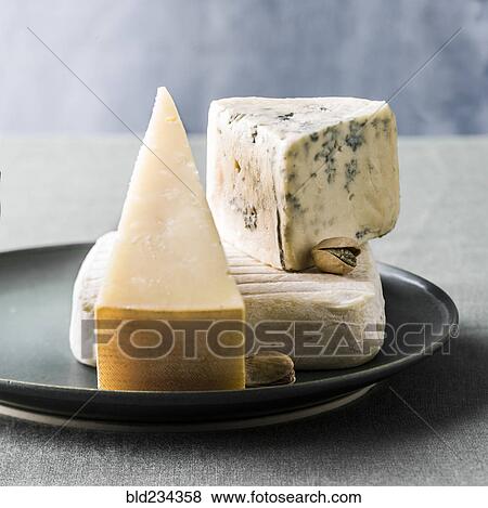 Stock Photo - Variety of cheeses on plate. Fotosearch