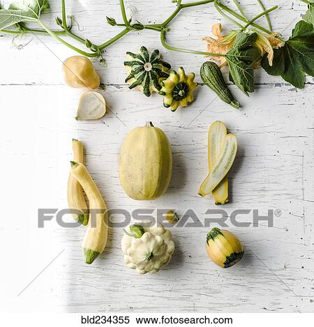 Variety of gourds on white wooden table View Large Photo Image Stock Photography - Variety of gourds on white wooden table. Fotosearch