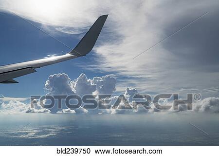 Wing of airplane flying in cloudy sky View Large Photo Image Stock Image - Wing of airplane flying in cloudy sky. Fotosearch