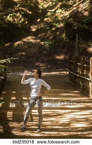 Woman drinking water on sunny forest path View Large Photo Image Stock Photo - Woman drinking water on sunny forest path. Fotosearch