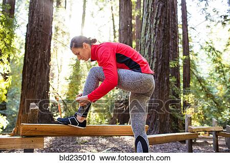 Woman tying shoelace on forest path View Large Photo Image Stock Image - Woman tying shoelace on forest path. Fotosearch