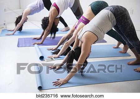 Stock Photograph - Women bending in yoga class. Fotosearch