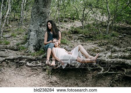 Women relaxing on tree roots in forest View Large Photo Image Picture - Women relaxing on tree roots in forest. Fotosearch