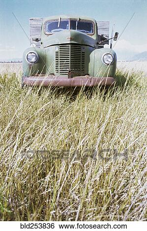 Stock Photograph - Abandoned truck in field of grass. Fotosearch