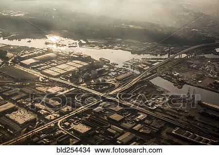 Picture - Aerial view of bridge over urban river, Seattle, Washington, United States. Fotosearch