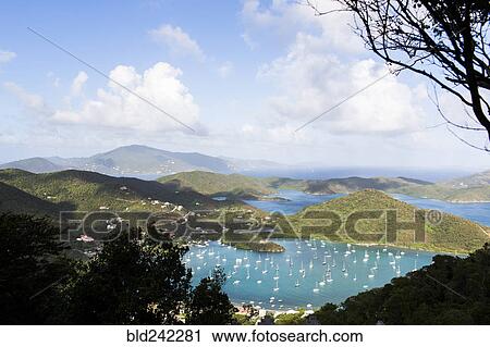 Stock Image - Aerial view of sailboats in Sanders Bay, Charlotte Amalie, Saint John, United States Virgin Islands. Fotosearch