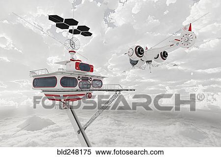 Airplane flying near futuristic platform in clouds View Large Photo Image Stock Photography - Airplane flying near futuristic platform in clouds. Fotosearch