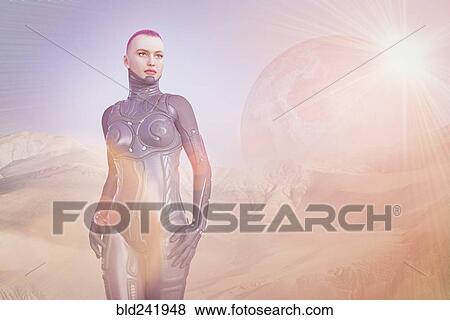 Stock Photo - Android woman on futuristic planet. Fotosearch